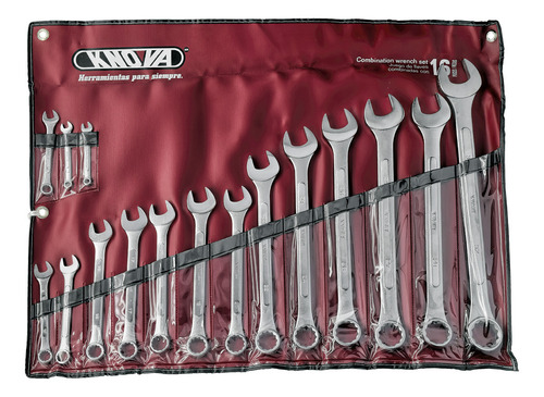 Juego de 16 llaves milimétricas mm combinadas Española- Estriada de acero con estuche de vinil portátil de uso profesional Modelo KN 3200-16M KNOVA