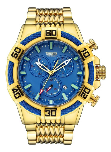 Relógio Temeite Masculino Heavy Multifuncional Dourado/azul Cor da correia Dourado Cor do bisel Dourado e Azul Cor do fundo Azul