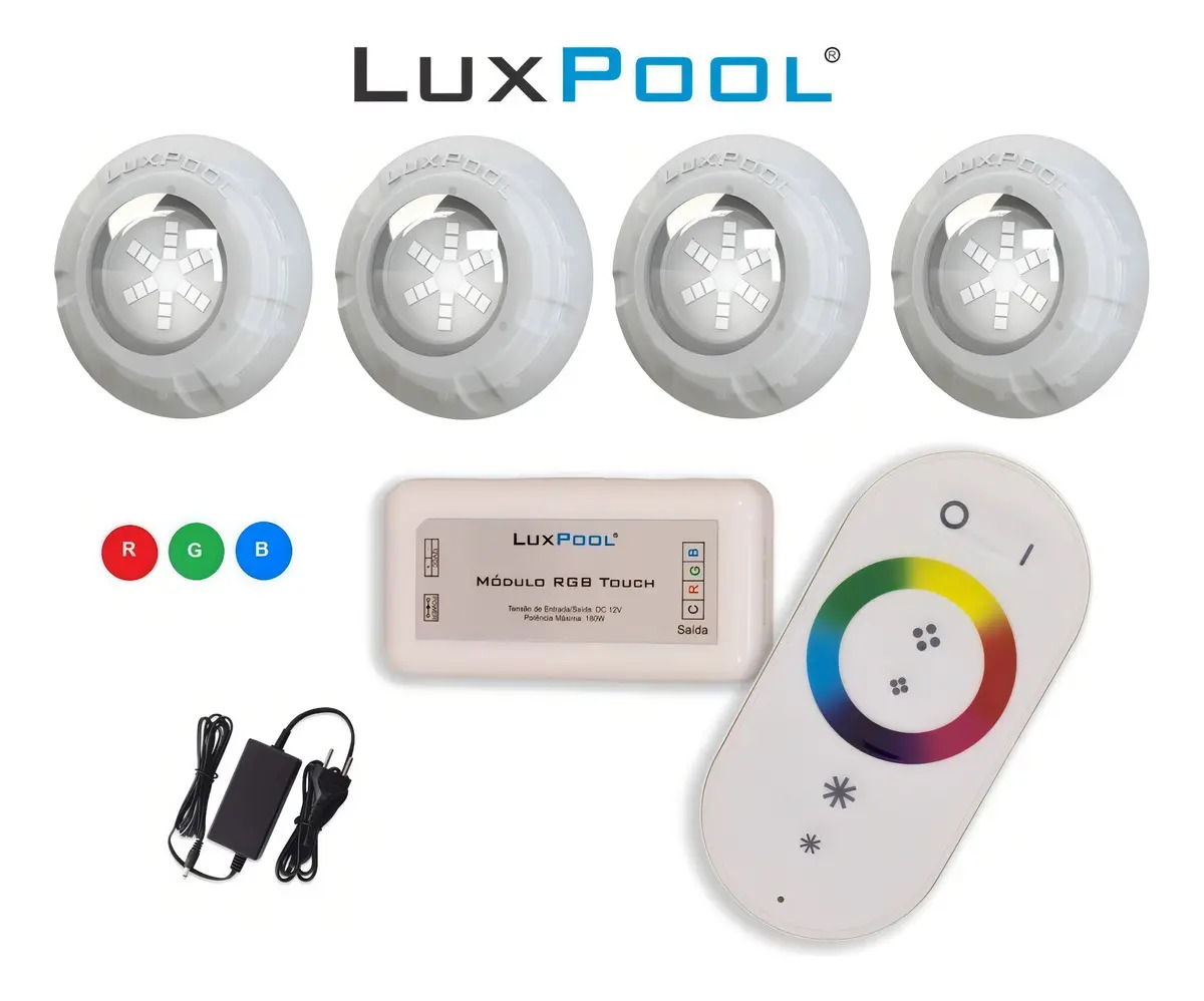 Kit Led Piscina Com Controle + 4 Leds Rgb 9w + Fonte