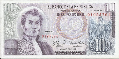 Colombia 10 Pesos 7 Agosto 1980 Serie Az
