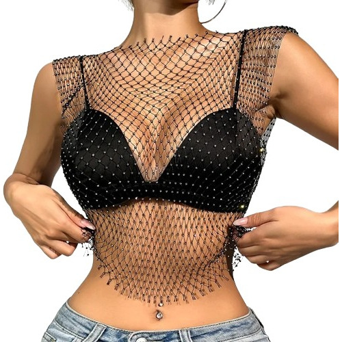 Malla Crop Top Con Diseño De Diamantes De Imitación