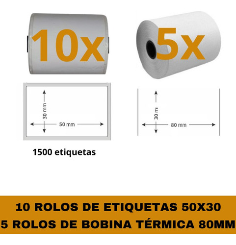 10 Rolos Etiqueta 58x30 P/ Mini Impressora + 5 Bobinas 80mm