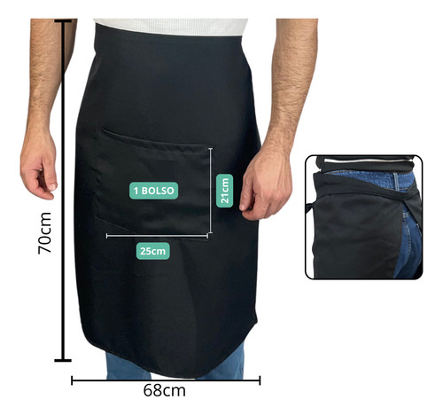 Avental Saia Kit 4 De Cintura Com Bolso Garçom Garçonete Cor Preto Desenho do tecido Liso