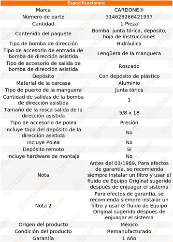 Bomba Dirección Licuadora F-350 8 Cil 7.3l 88/89 Reman (Reacondicionado)