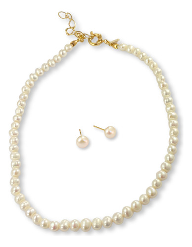 Kit Noiva Colar E Brinco Em Pérolas Doce Banhado A Ouro 18k