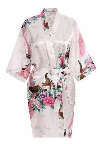 Kimonos Bata Mujer De Seda Oriental Flores Y Pavo Real