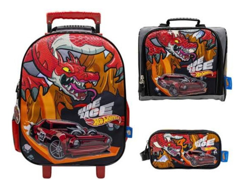 Pack Maleta Ruedas Hot Wheels Rojo + Lonchera + Cartuchera