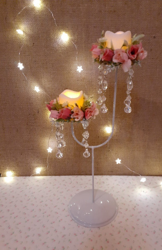 Candelabro 2 Velas Led Con Caireles Y Flores