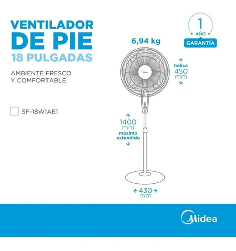 Ventilador De Pie Midea 18¨ Blanco