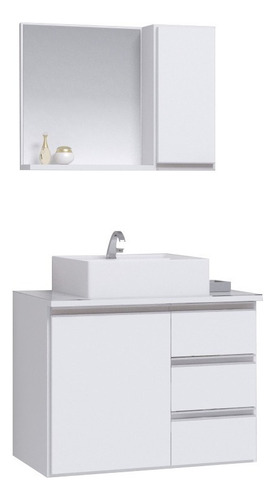 Conjunto Gabinete Banheiro Prisma 60cm Móvel Branco Inteiro