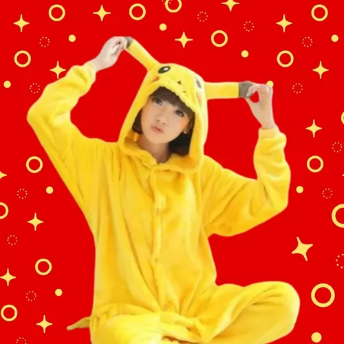 Pijama Fantasia Kigurumi Pikachu Macacão com Capuz Unissex