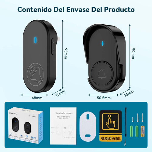 Timbre Inalámbrico Impermeable Con Luz Led 1 Transmiso 1 Rec Negro