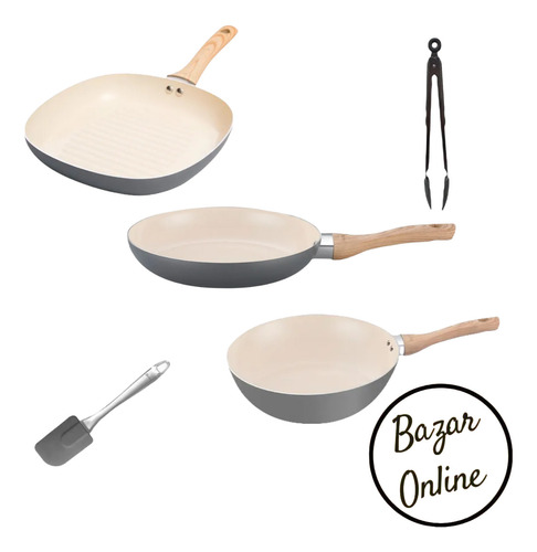 Set Sarten 26cm Wok Bif Pinza Hudson Gris Gray Crema 3pz.