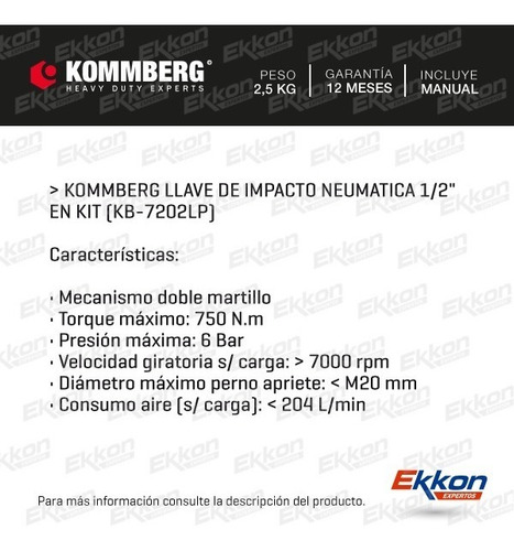 Imagen 2 de 10 de Llave Impacto Neumática Kommberg 1/2 D/martillo 750nm Kit 17
