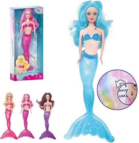 Boneca Sereia Com Luz Na Calda Yasmin Azul Ou Rosa