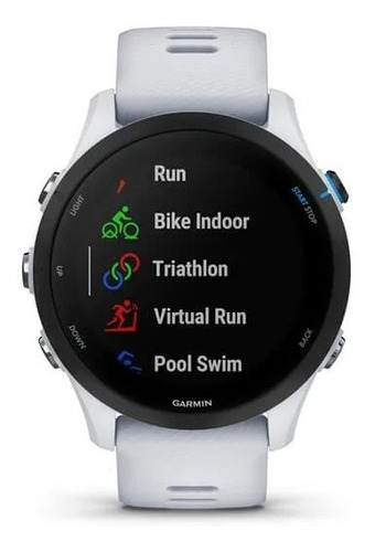 Relógio GPS Garmin Forerunner 255 Music Big White, 46 mm, cor da caixa, cor da pulseira de pedra branca, cor do bisel, cor preta