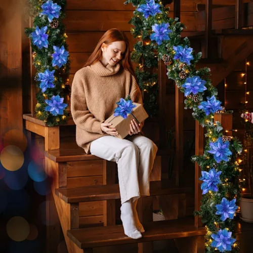 12 Piezas De Flores De Pascua Con Purpurina Navideña