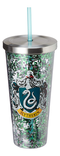 Vaso Brilloso Slytherin 590 Ml Con Pajilla Acrílico Verde