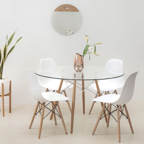Mesa De Comedor Redonda De Vidrio Pata Madera - Eames 100cm