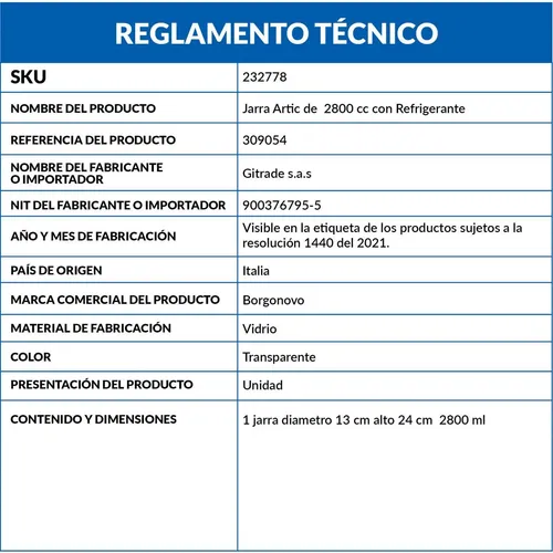 Jarra Artic De 2800 Cc Con Refrigerante Borgonovo