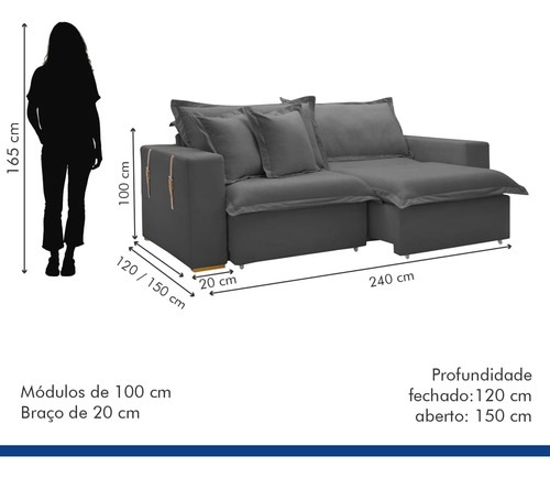 Sofá cama celflex 20736 3 lugares arizona retrátil boucle cinza