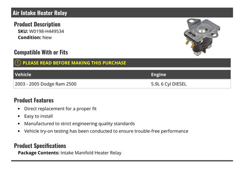 Rele Calentador Entrada Aire Para Dodge Ram 2500 5.9l Diesel