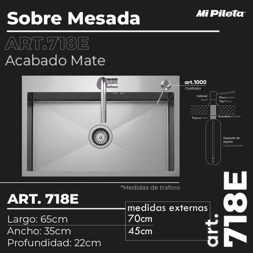 Bacha Cocina Simple Mi Pileta 718e Inox 65x35 Cm
