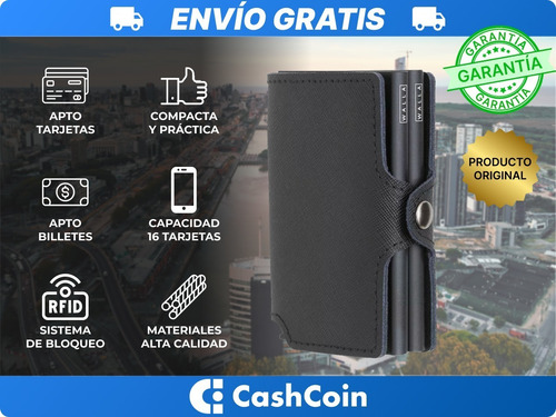 Imagen 3 de 10 de Billetera Walla Wallets Doble Saffiano Black - Cuero Rfid