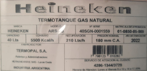 Imagen 5 de 5 de Termotanque Heineken 40lts Gas Natural Ar-40 5500 Kcal/h