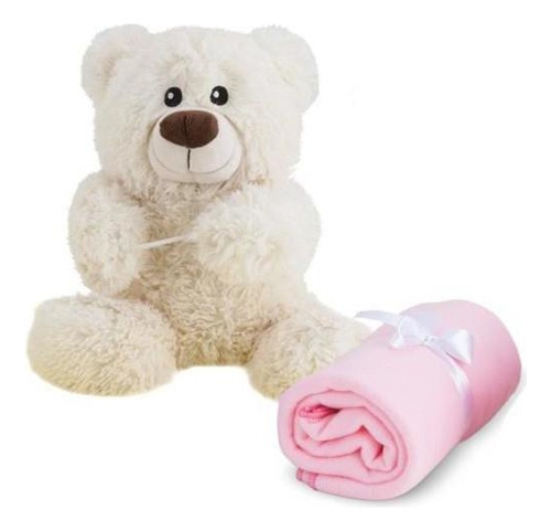 Urso De Pelúcia Naninha Cobertor Rosa Antialérgico 25cm