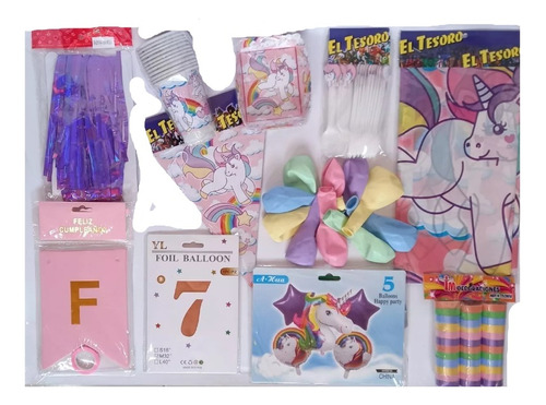 Kit Decoración Unicornio 24 Niños+numero70cm+mantel+cortina