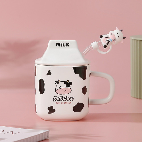 Taza Cerámica Milk Vaquita Con Popote Y Tapa 330ml