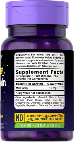 Carlyle Melatonina 12 Mg De Disolución Rápida 90 Tabletas, Ayuda A Fomentar Hábito De Descanso, Sabor Natural A Bayas, Probado En Laboratorio, Ingredientes De Confianza, Calidad Superior, Vegetariano