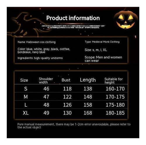 Halloween Medieval Mística Bruja Monje Túnica