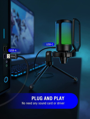 Micrófono Para Juegos Fifine, Usb-c, Condensador, Rgb, Trípo