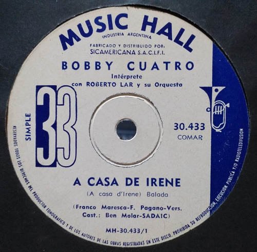 Bobby Cuatro (carlos Javier Beltran) Simple Vinilo Año 1965