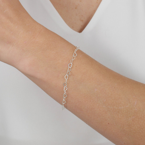 Pulseira Feminina Prata Maciça 925 Coração 19cm Comprimento 19 Cor Prateado Diâmetro 19