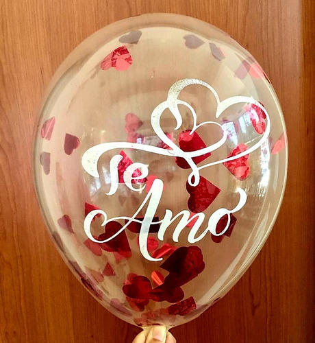 10 Globos Te Amo Corazones Entrelazados Cristal Con Confetti