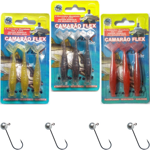 3 Cartelas De Camarão Artificial Flex 8cm + 4 Jig Head