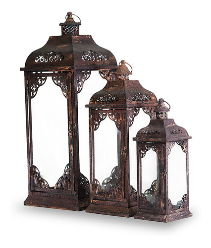 Imagem 2 de 10 de Kit 3 Lanterna Marroquina Metal E Vidro Rustica Grande Vela