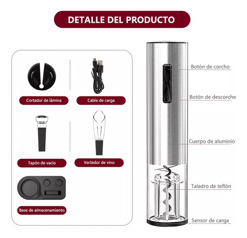 Sacacorchos De Vino Eléctrico Recargable Usb 4 En 1, Acero Novaka