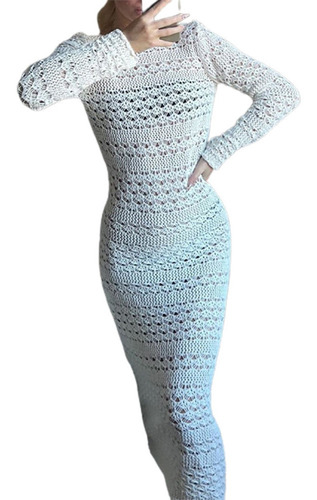 Vestido De Mujer Elegante Elástico De Color Sólido Crochet C