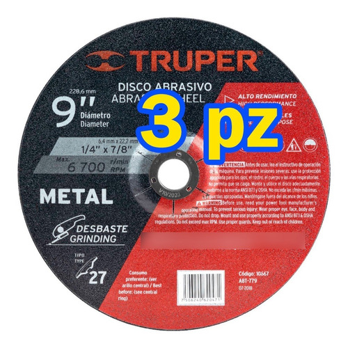 3 Disco 9'' P/ Desbaste De Metal Esmeril 6.4mm Truper 10667