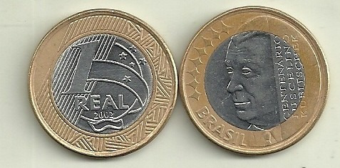 Moneda Brasil 1 Real Año 2002 Bimetalica 100 Años Kubitschek