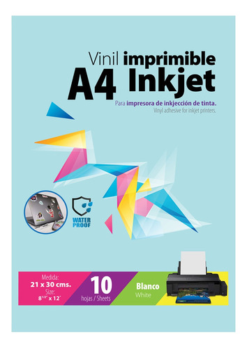 Vinil Imprimible Blanco Glossy Inkjet 10 Hojas A4 Waterproof