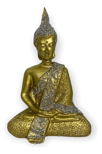 Escultura Buda Tibetano Meditando 12 Cm Prata E Dourado