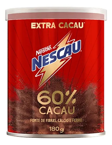 Lata de achocolatado Nescau Extra Cacau 60% de 180g em fundo vermelho.