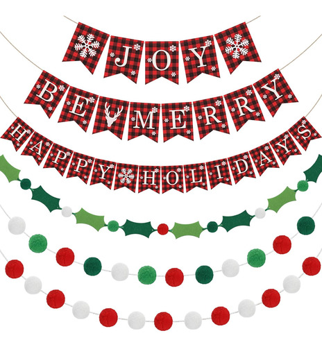 6 Banderines De Arpillera De Navidad Con Pompones De Fieltro