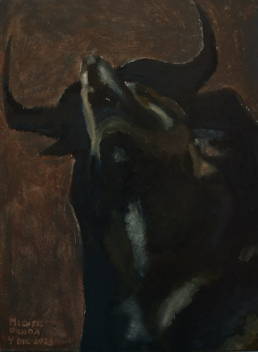 Pintura Retrato Perro Sombra Toro, Mixta En Madera 15x20cm
