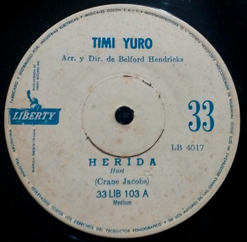 Timi Yuro - Herida (hurt) - Simple Vinilo Promo Año 1966